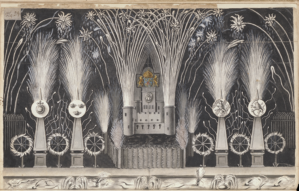 Figure 4 — An eighteenth-century watercolour design for a fireworks display, labelled Fig 59: a fortified castle facade at centre with a coat of arms above it, flanked by obelisks carrying a sun face and hera…