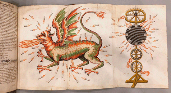 Figure 3 — A sixteenth-century manuscript illustration by Rudolf von Deventer: a green and red winged dragon spitting fire from its mouth and shedding burning squibs from its body, drawn alongside a firework …