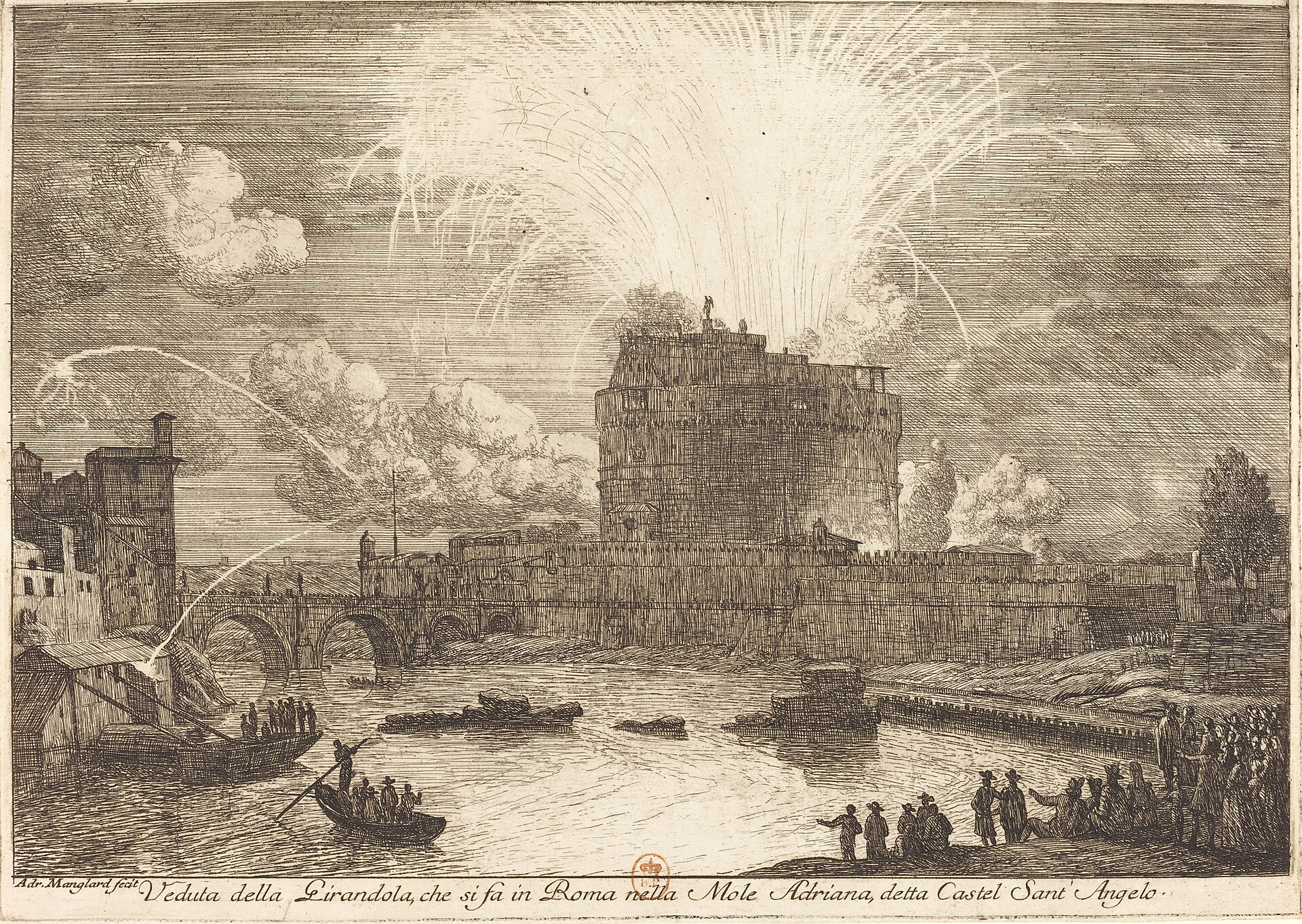 Figure 6 — Adrien Manglard's view of the Girandola at Castel Sant'Angelo, Rome: the castle in silhouette beneath an enormous canopy of light, spectators and boats along the Tiber in the foreground. Source: pu…