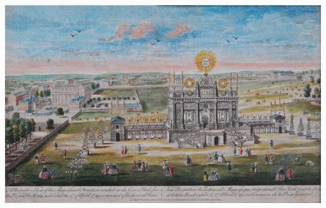Figure 5 — A perspective view of the temporary machine erected in the Green Park for the Royal Fireworks of 27 April 1749, celebrating the general peace: a vast classical arcade with a central triumphal arch …
