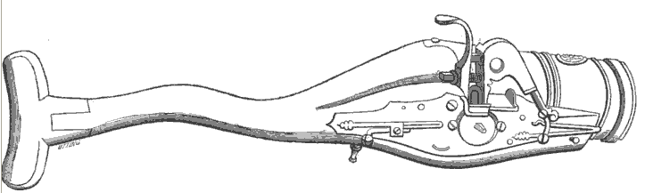 Figure 2 — A line engraving by John Hewitt of an early-seventeenth-century hand mortar in the Royal Artillery Museum, Woolwich: a slender, waisted stock with a broad flat butt, a snaphaunce-style lock drawn i…