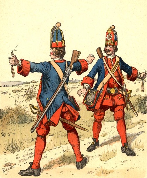 Figure 4 — A grenadier plate of about 1715 by Richard Knotel showing two men from front and rear: mitre caps, slung muskets, sabres, grenade pouches on the hip and cylindrical match cases on the shoulder belt.
