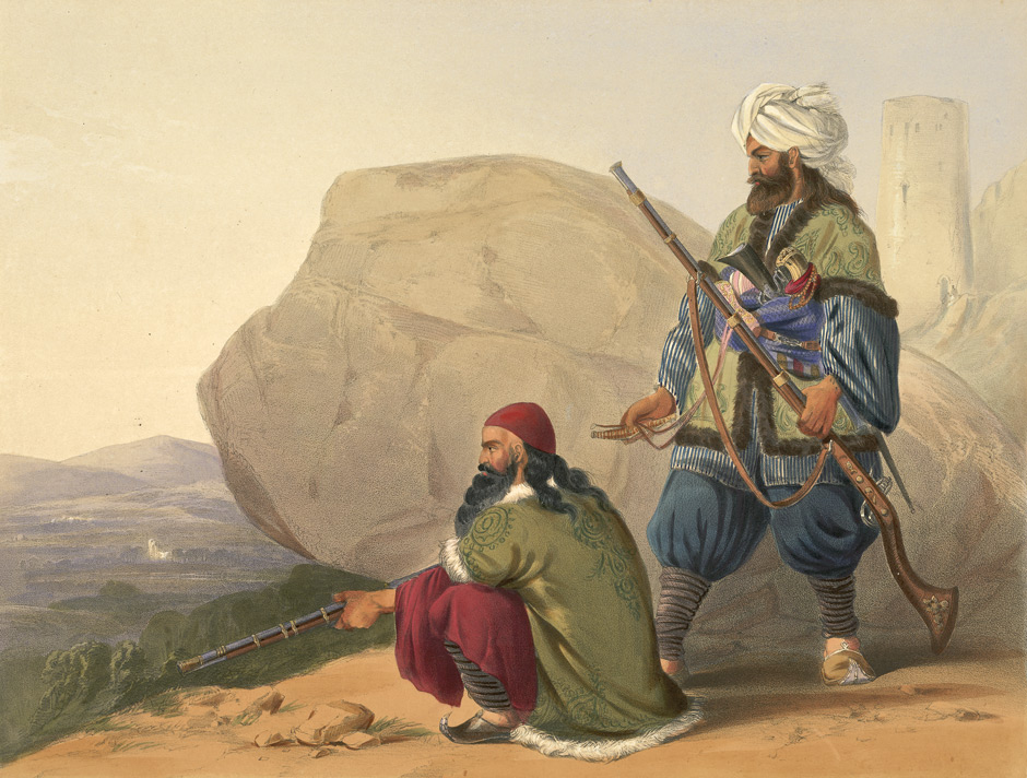 Figure 1 — An 1841 lithograph of two Afghan foot soldiers before a hill fort — the standing figure shoulders a jezail, the long-barreled Afghan musket whose reach roughly doubled that of the British Brown Bes…