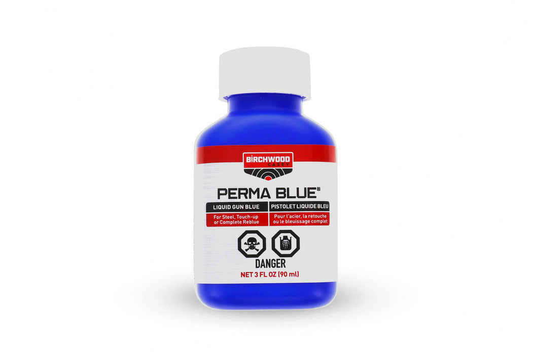 Figure 3 — Birchwood Casey Perma Blue — a cold blue for "steel, touch-up, or complete reblue." You wipe it on cold, let it darken, rinse, card back with degreased steel wool, and repeat to build depth. Fast a…