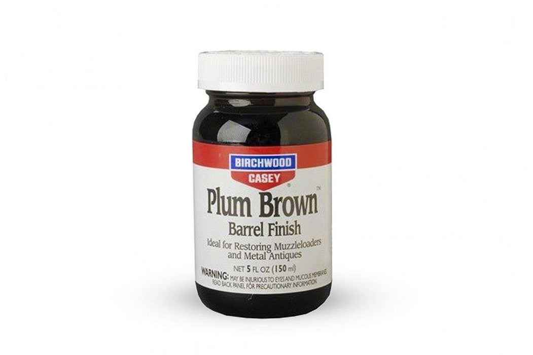 Figure 2 — Birchwood Casey Plum Brown — a hot browning solution ("Ideal for restoring muzzleloaders and metal antiques"). You heat the barrel and swab it on; it browns on contact. It's the fast route to the h…