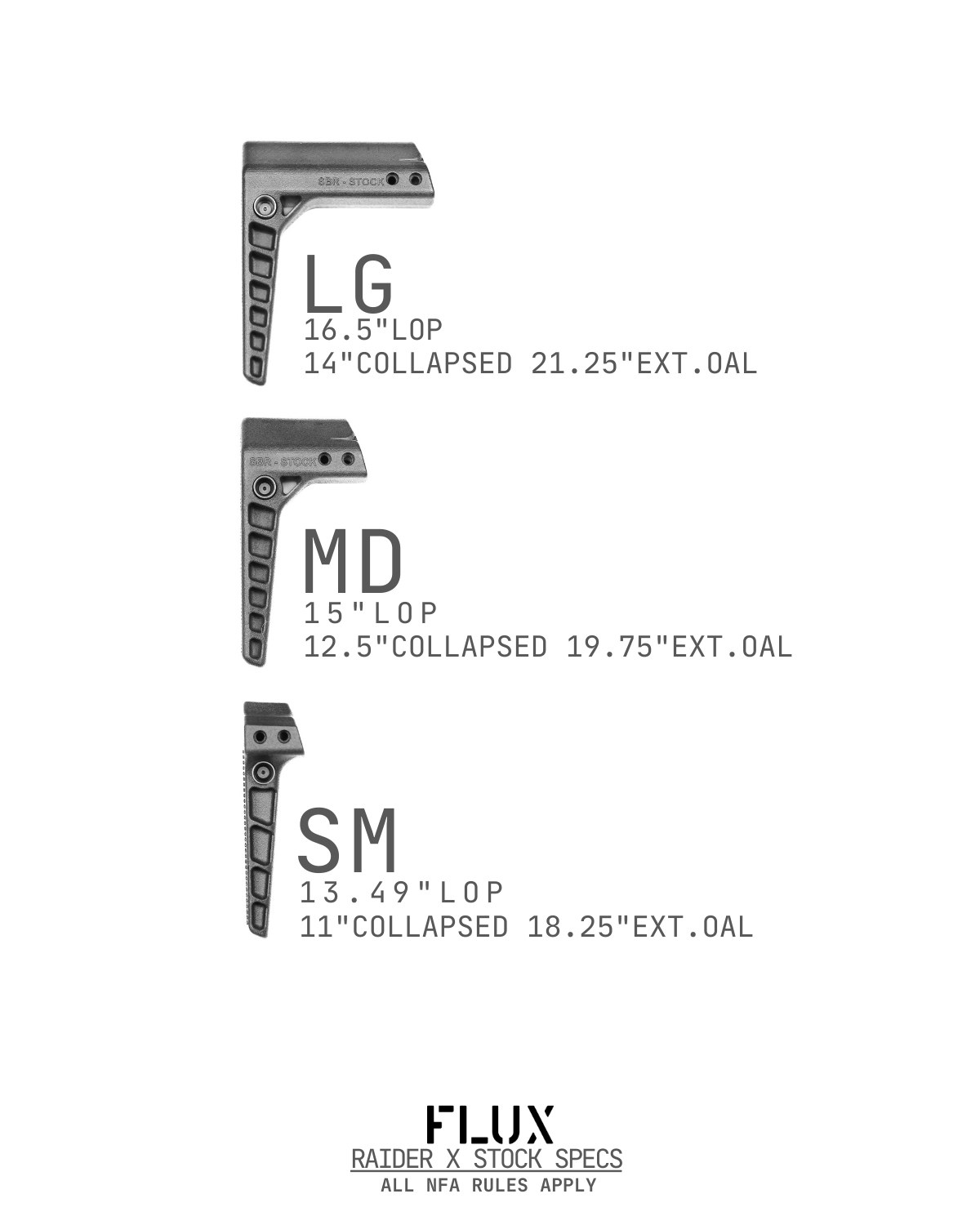 Figure 2 — Flux's specification card for the three Raider X stocks, giving length of pull and overall length collapsed and extended for each. The card carries the maker's own line: all NFA rules apply.