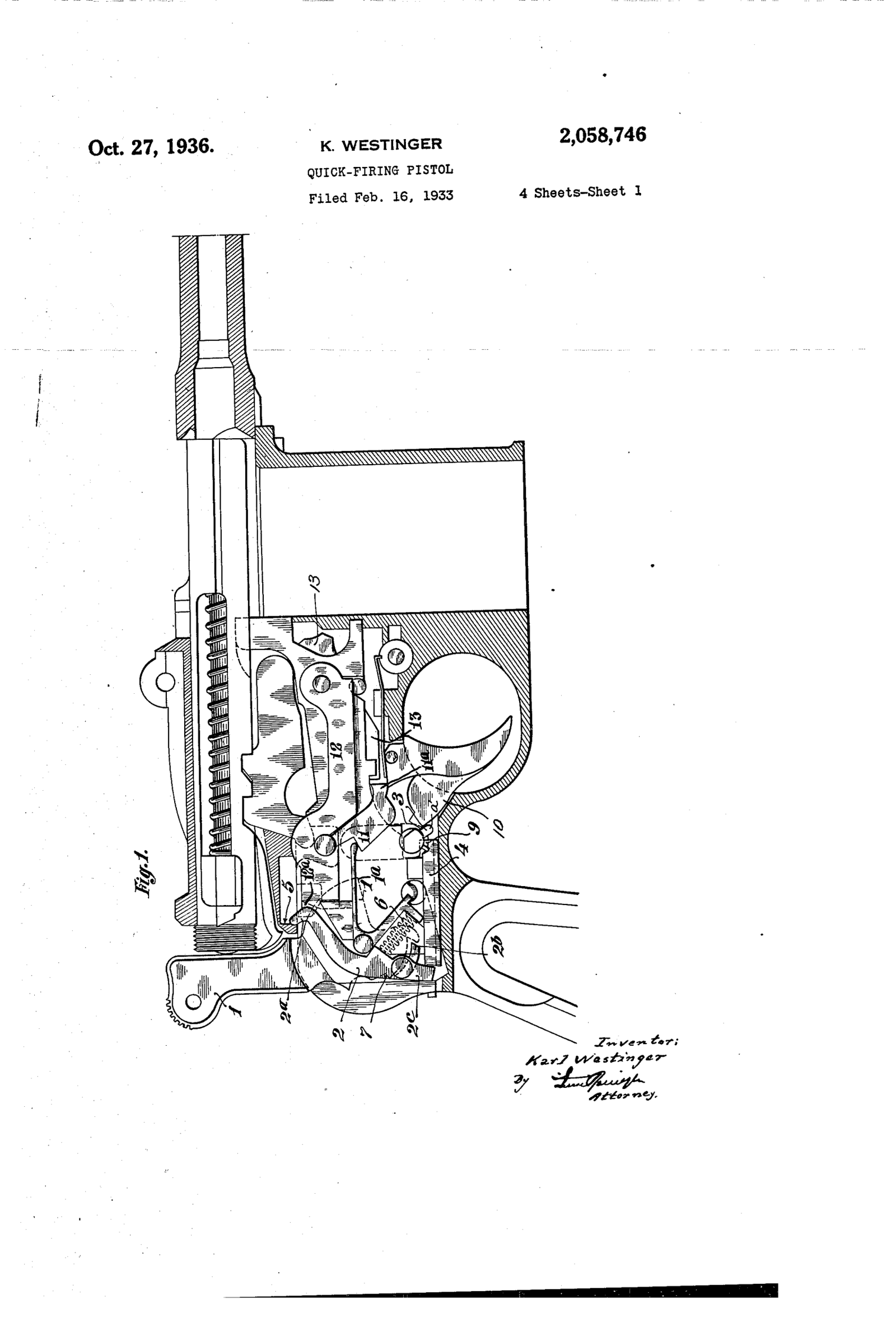 Figure 2 — 2 — Sheet 1 of US Patent 2,058,746 (Westinger, 1936), the refined select-fire mechanism behind the production Schnellfeuer. Reproduced for historical/identification reference only — a sele…