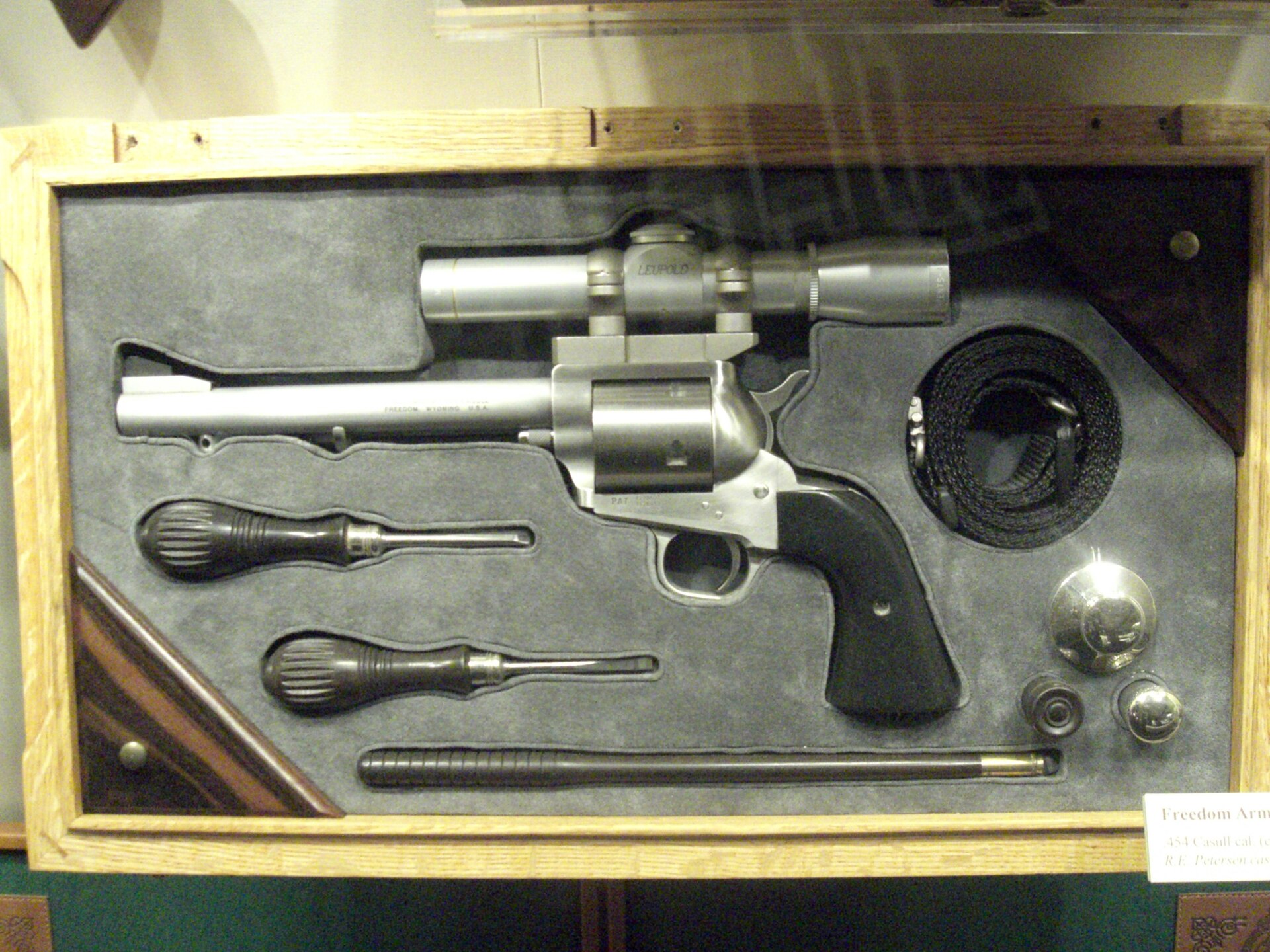 Figure 2 — A Freedom Arms Model 83 in .454 Casull, cased with its accessories, at the National Firearms Museum. This is the large half of the pairing that began at Rocky Mountain Arms in 1971. Freedom Arms ma…