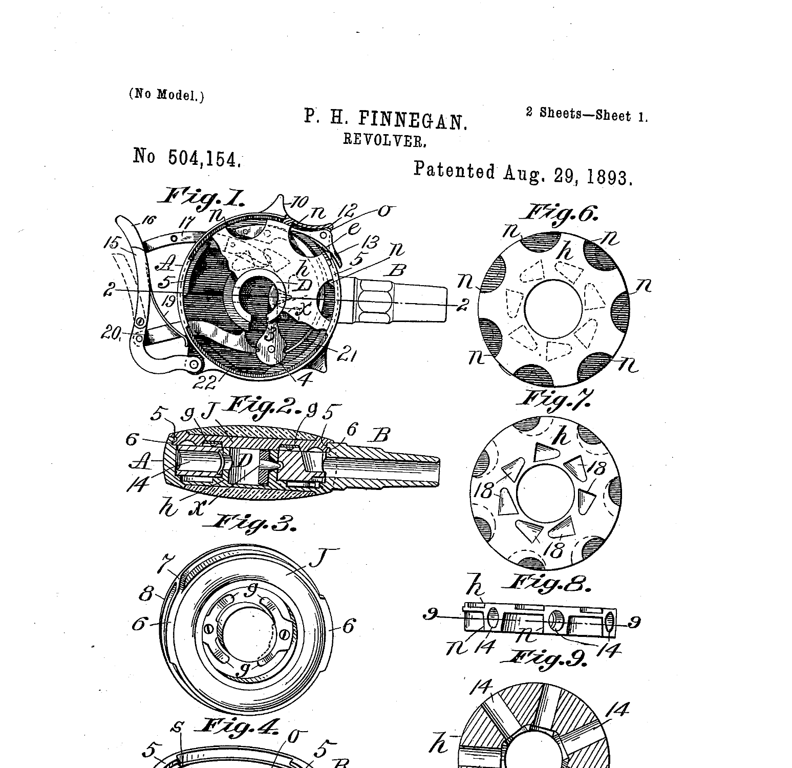 Figure 4 — US Patent 504,154, P. H. Finnegan, "Revolver," 1893 — a general revolver-construction patent, NOT the Protector patent. Source: patents.google.com.