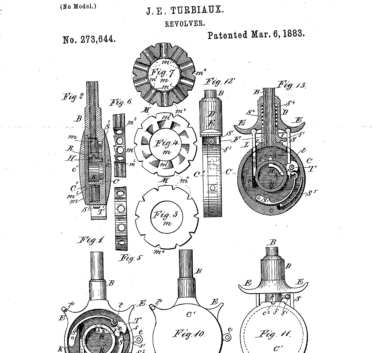 Figure 1 — US Patent 273,644, drawing sheet — the mechanism at a glance. Source: patents.google.com.