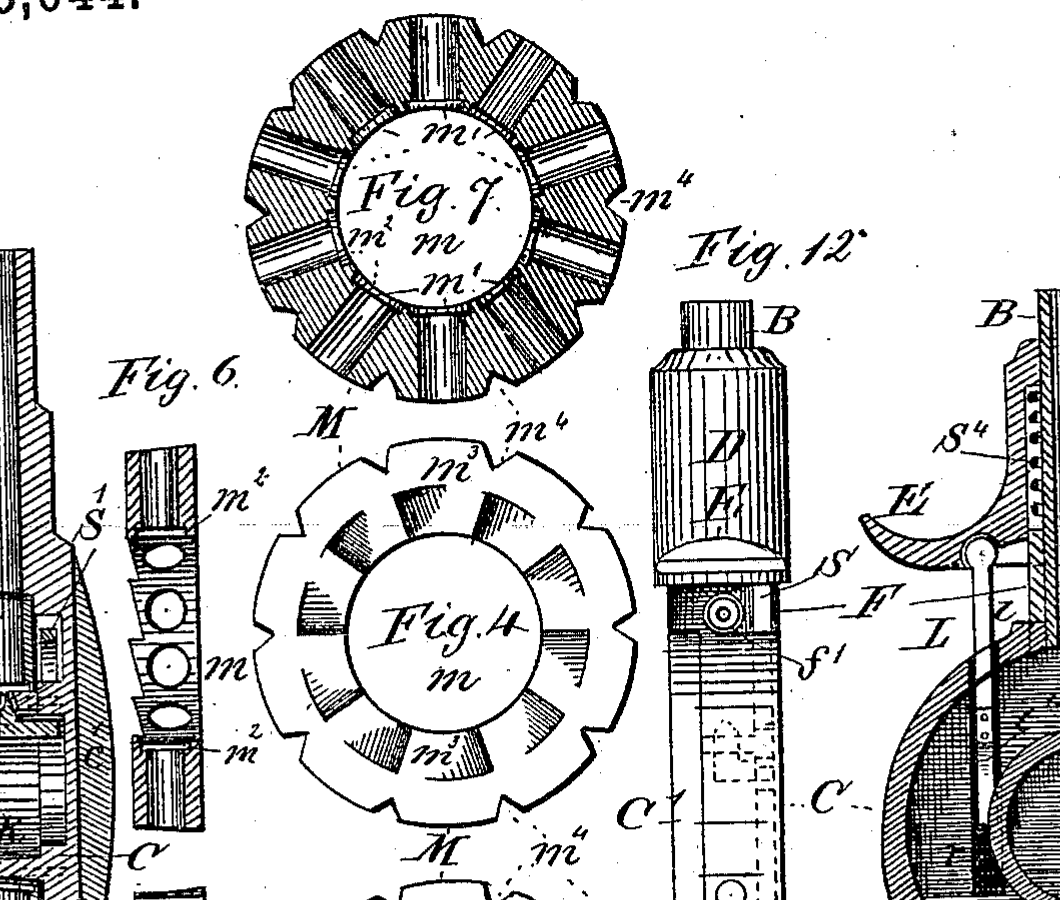 Figure 3 — US Patent 273,644, drawing sheet detail — detail views of the magazine and hammer mechanism. Source: patents.google.com.
