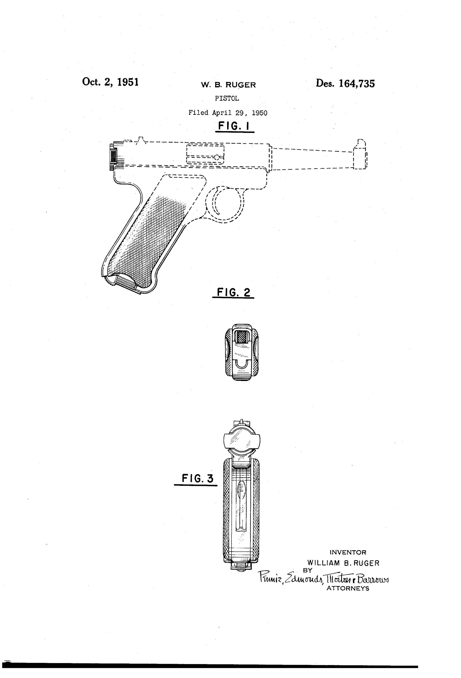 Figure 4 — US Design Patent D164,735, W. B. Ruger, filed 29 April 1950, issued 2 October 1951. Only the grip frame is drawn in solid lines — the receiver, barrel and trigger guard are shown broken, as environ…