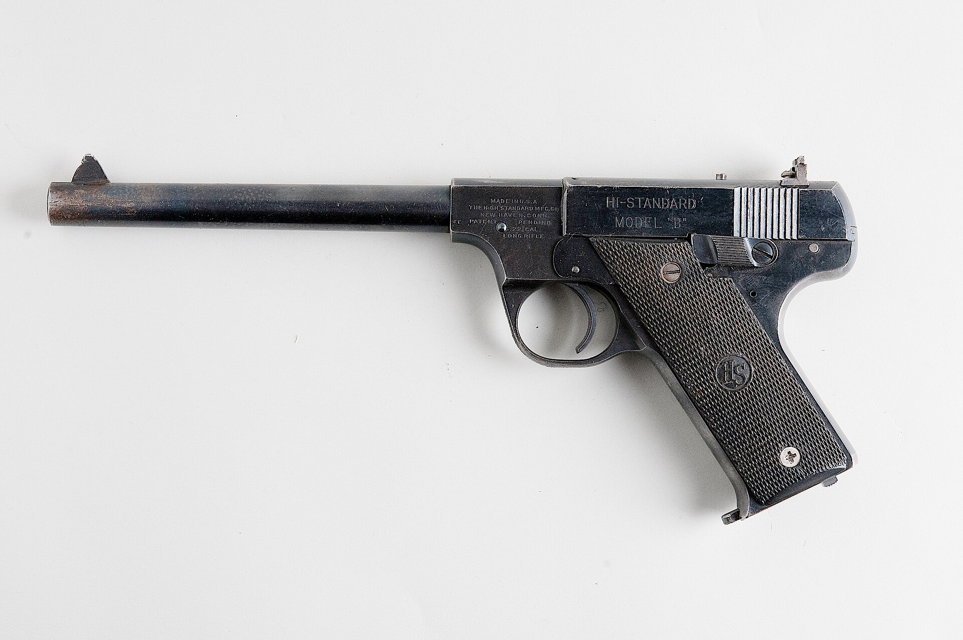 Figure 6 — A High Standard Model B, part of the other established American .22 automatic family of the period. Like the Woodsman, it is a slide-action pistol with a machined frame. A High Standard and a Ruger…