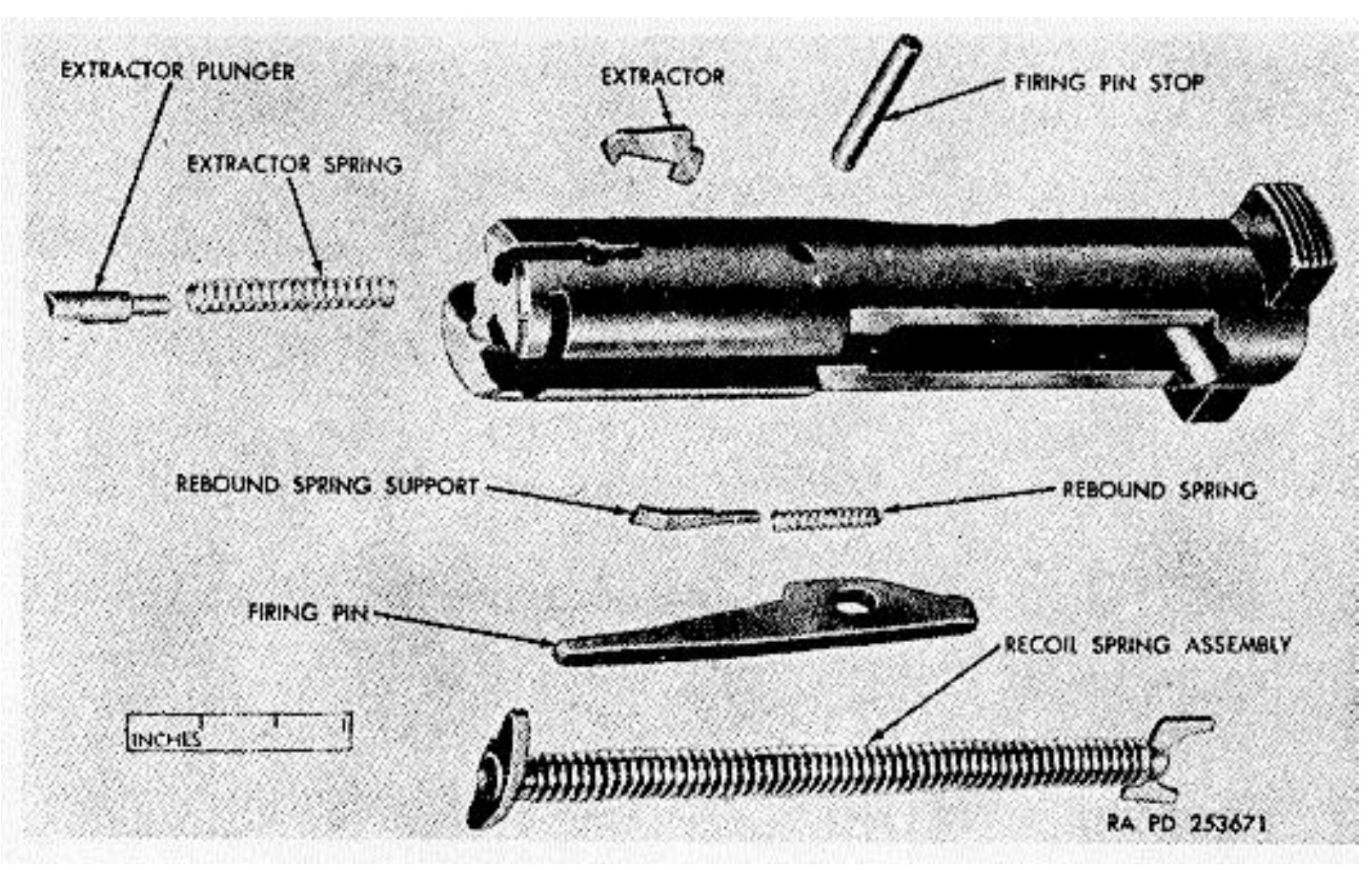Figure 2 — The Mark I bolt assembly exploded, from the Army's 1959 maintenance manual: the bolt with its ears at the rear and the slot underneath; the extractor with its plunger and spring; the firing pin sto…