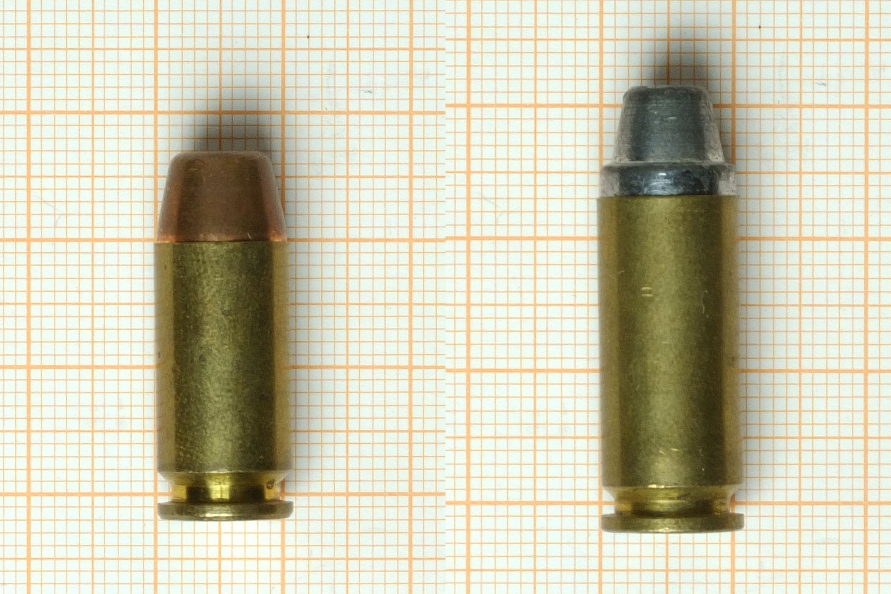 Figure 6 — A .40 S&W cartridge (left) and a 10 mm Auto cartridge (right), each photographed by the same author on the same millimetre graph paper and set side by side here without rescaling either; the grid s…