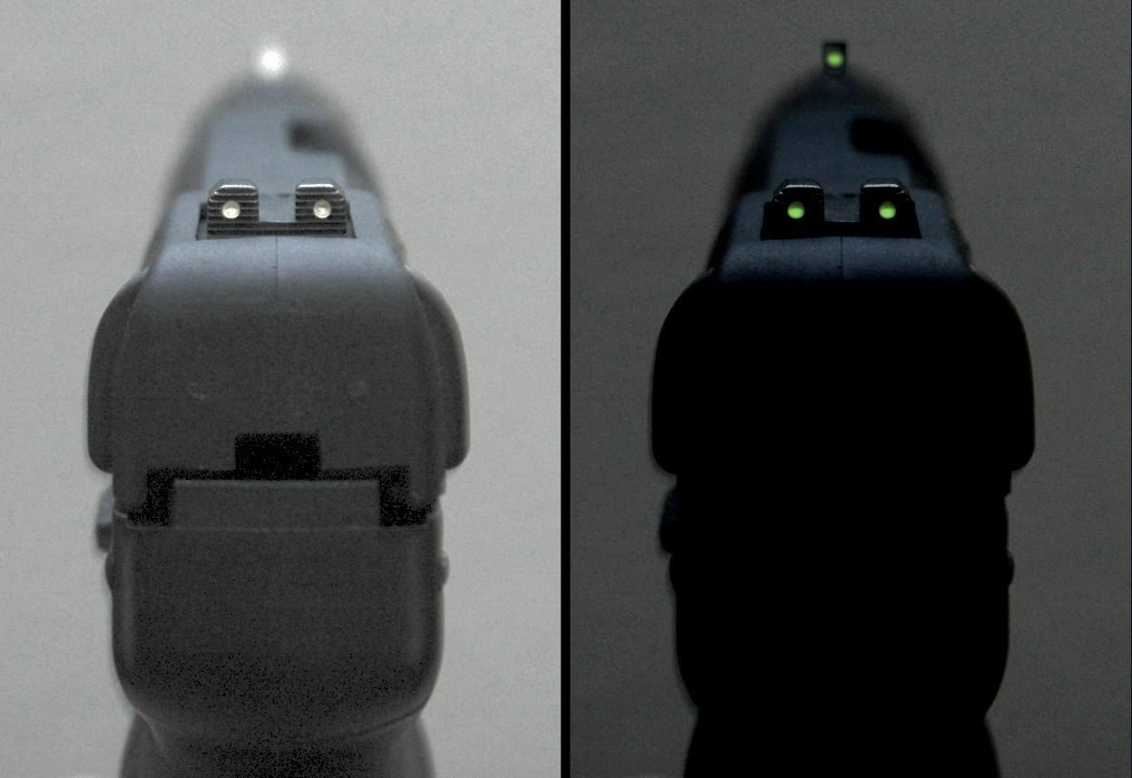 Figure 2 — The same pistol sights photographed in daylight (left) and in darkness (right). In daylight the dots read as coloured inserts; in the dark only the tritium vials are visible. A TFO sight adds a fib…