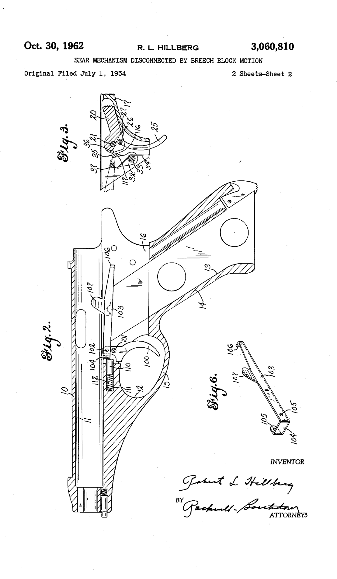 Figure 2 — Sheet 2 of Hillberg's patent US 3,060,810, filed 1 July 1954. Fig. 2 shows the frame (10) in section as one piece: the cylindrical opening (11) along the top that receives the barrel and sleeve, th…
