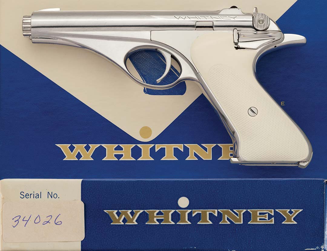 Figure 4 — The later, Whitney-only box, with the serial number 34026 written on the end label, and its pistol — again described by RIA as professionally bright polished. This label is the highest serial numbe…