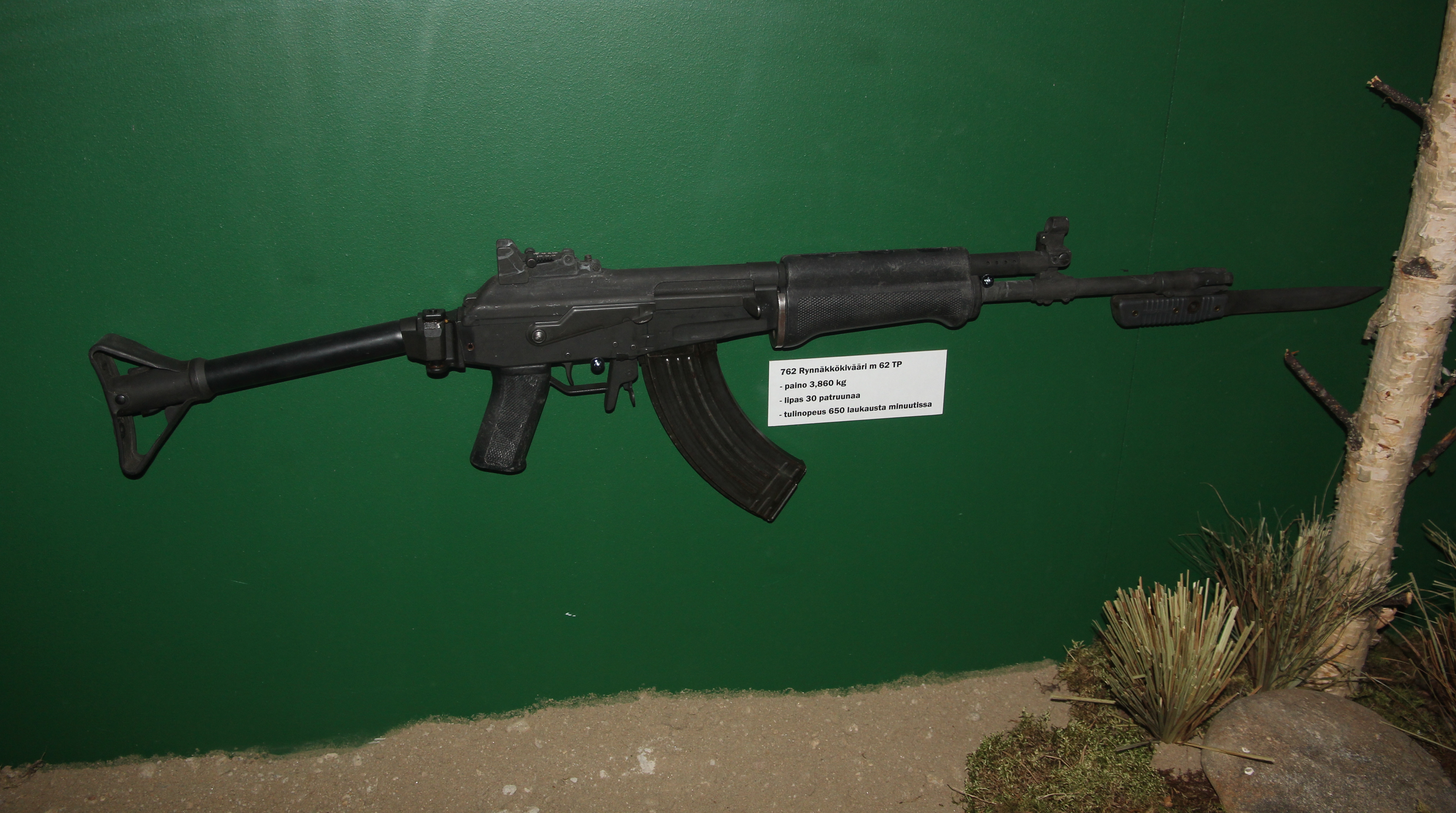 Figure 5 — A Finnish Rk 62. The tubular buttstock, the absence of a conventional wooden handguard and the Finnish sights make it unmistakable at a glance, despite the Kalashnikov action underneath.