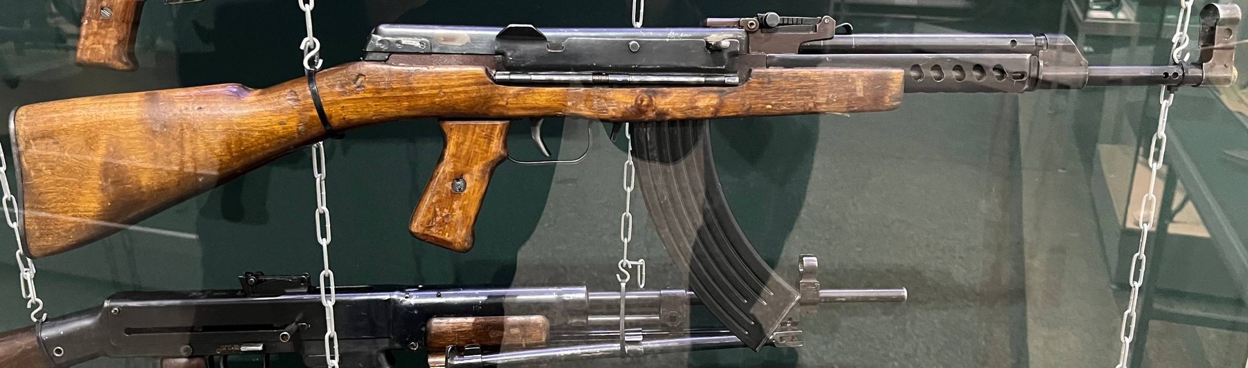 Figure 4 — The Sudayev AS-44, preserved in a museum case. It was tested at the front in 1944–45 and rejected as too heavy; its designer died in 1946 before he could finish the lighter version.
