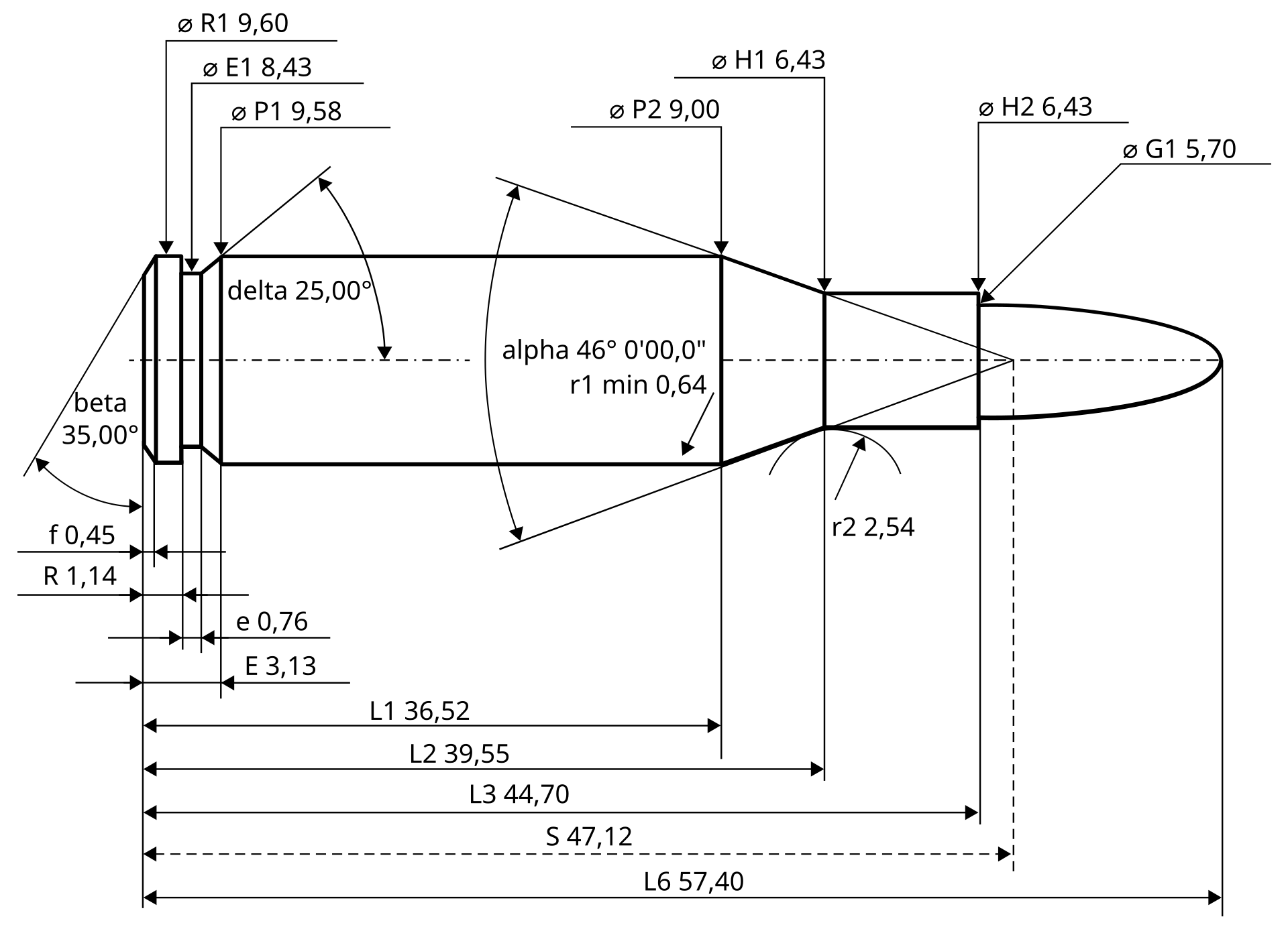 Figure 2 — The .223 Remington maximum cartridge dimensions to C.I.P., all sizes in millimetres. This is the European standard body's drawing and is reproduced here as a cross-check on the American one, not as…