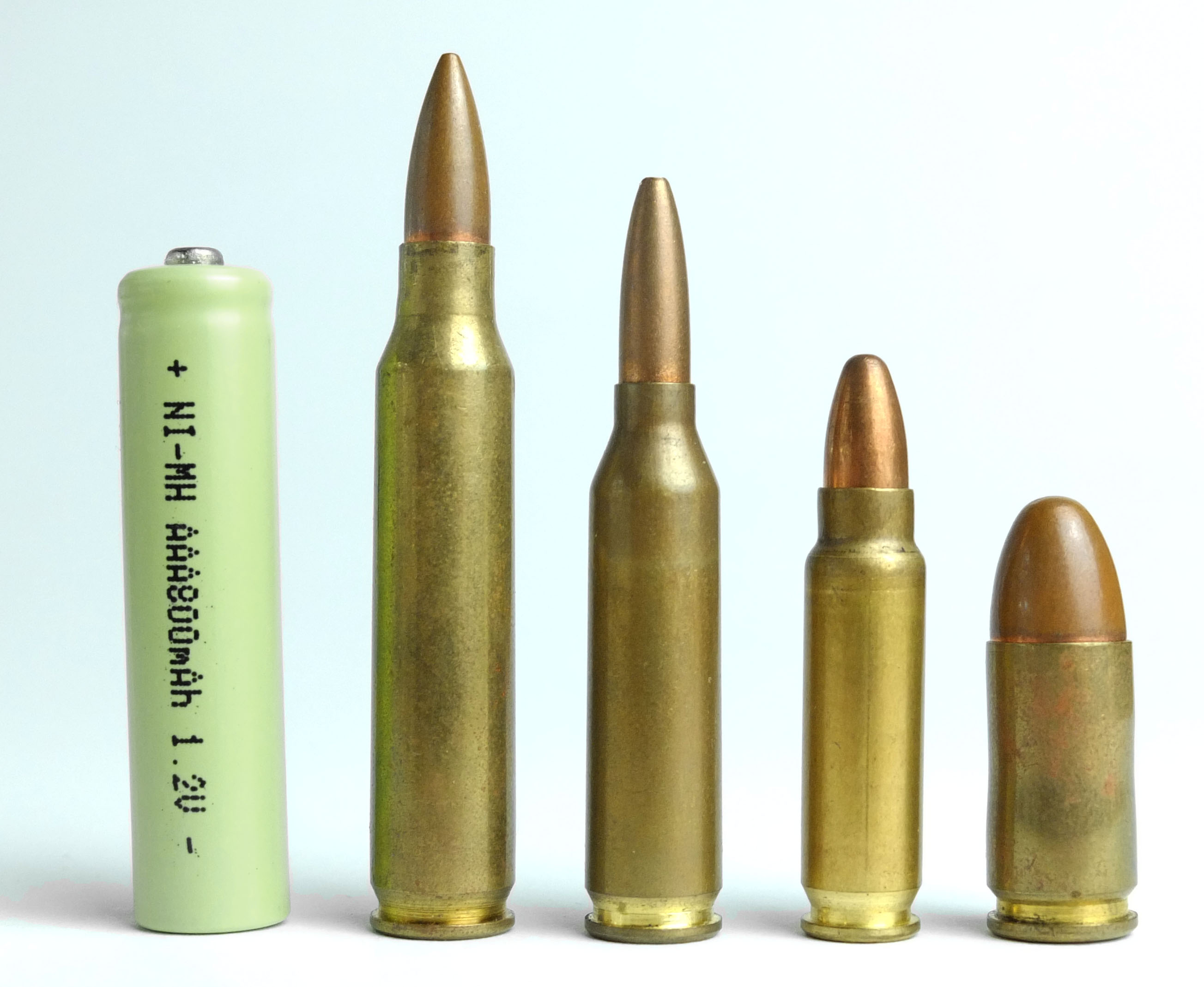 Figure 2 — Left to right in this comparison: a 5.56×45mm NATO rifle cartridge, the 5.7×28mm, the competing HK 4.6×30mm, and a 9×19mm Parabellum, with an AA cell for scale. The 5.7 sits exactly where the requi…