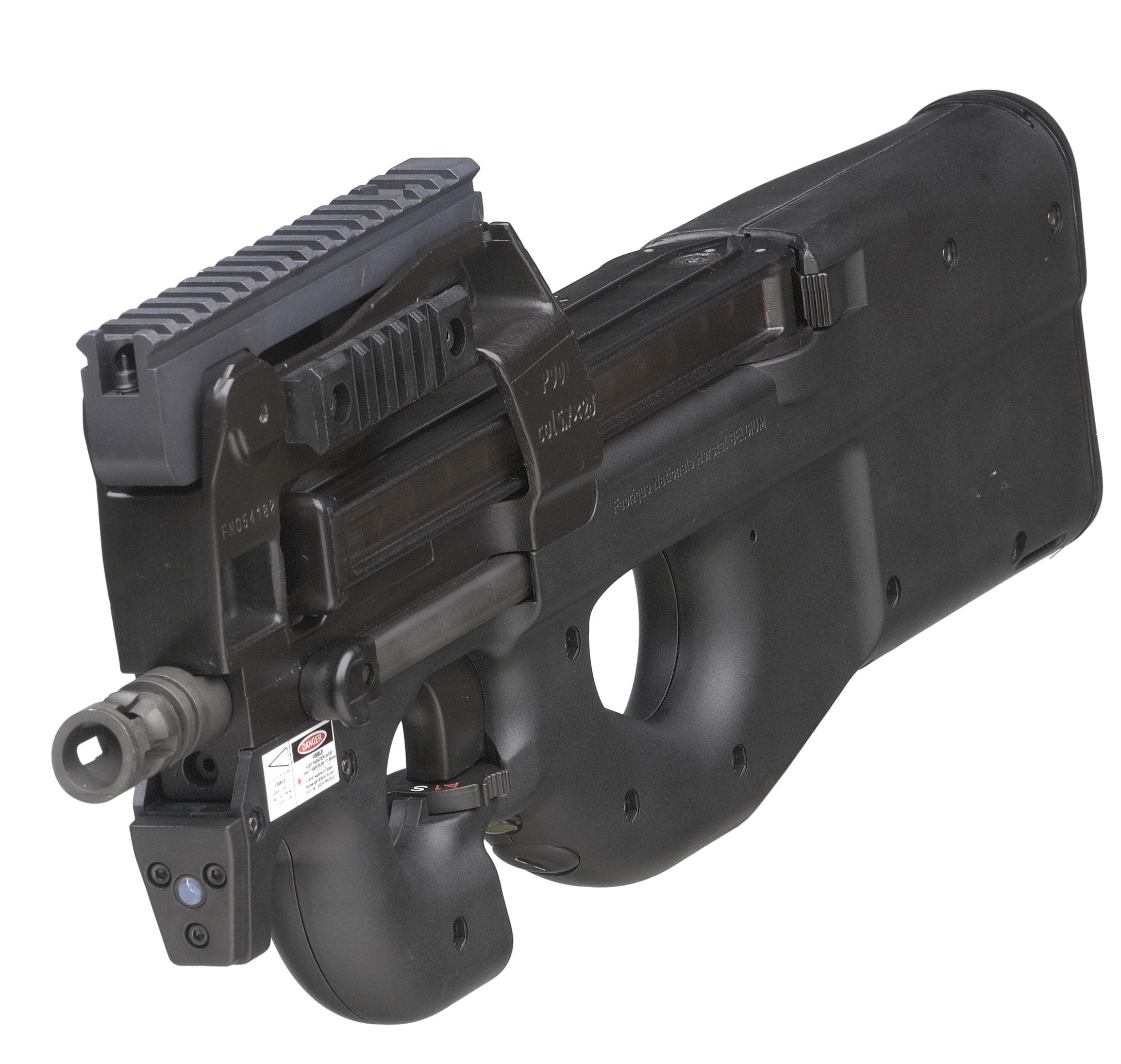 Figure 6 — A P90 LV with the tri-rail and its integrated laser module, seen from the muzzle end. The laser sits in the forward rail position, below the bore.