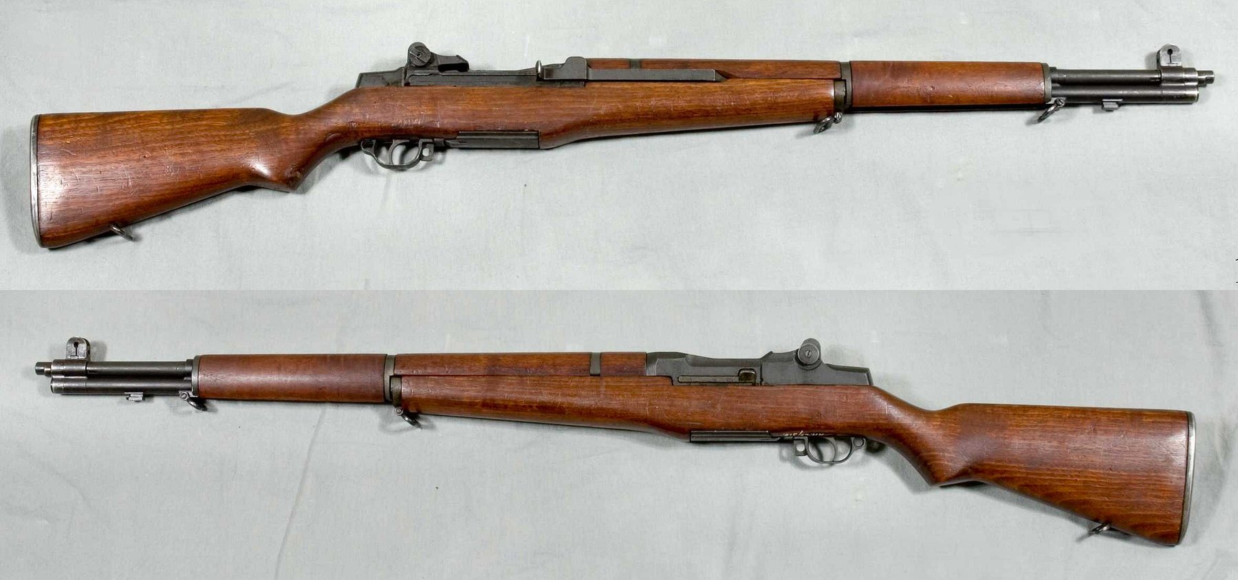 Figure 1 — An M1 from the Swedish Army Museum's collection, both sides. On the right side (top) is the operating rod handle, the only external moving part; on the left (bottom) is the flat receiver wall a sco…