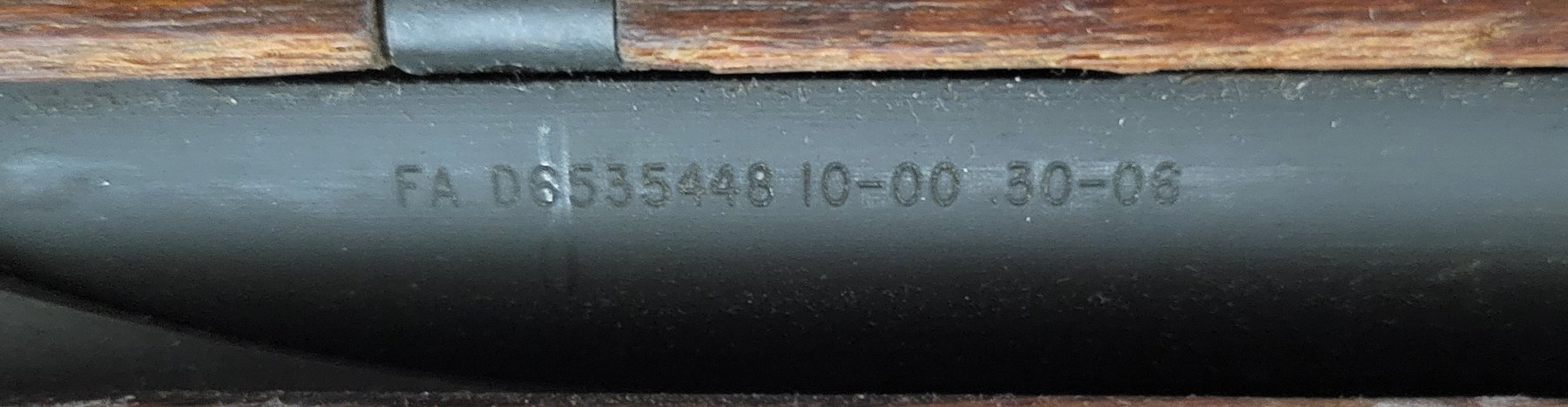 Figure 10 — The barrel marking, visible under the rear handguard: FA D6535448 10-00 .30-06.