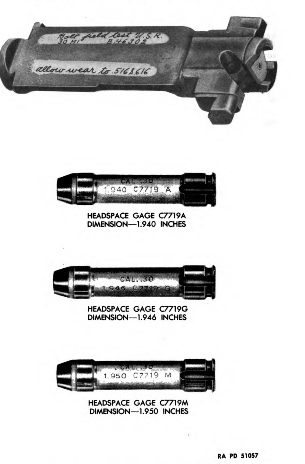 Figure 4 — Headspace gages C7719A (1.940 inches), C7719G (1.946) and C7719M (1.950), and the field test bolt. — U.S. War Department, TM 9-1275 (1942), Figure 14; public domain, via the Internet Archive.