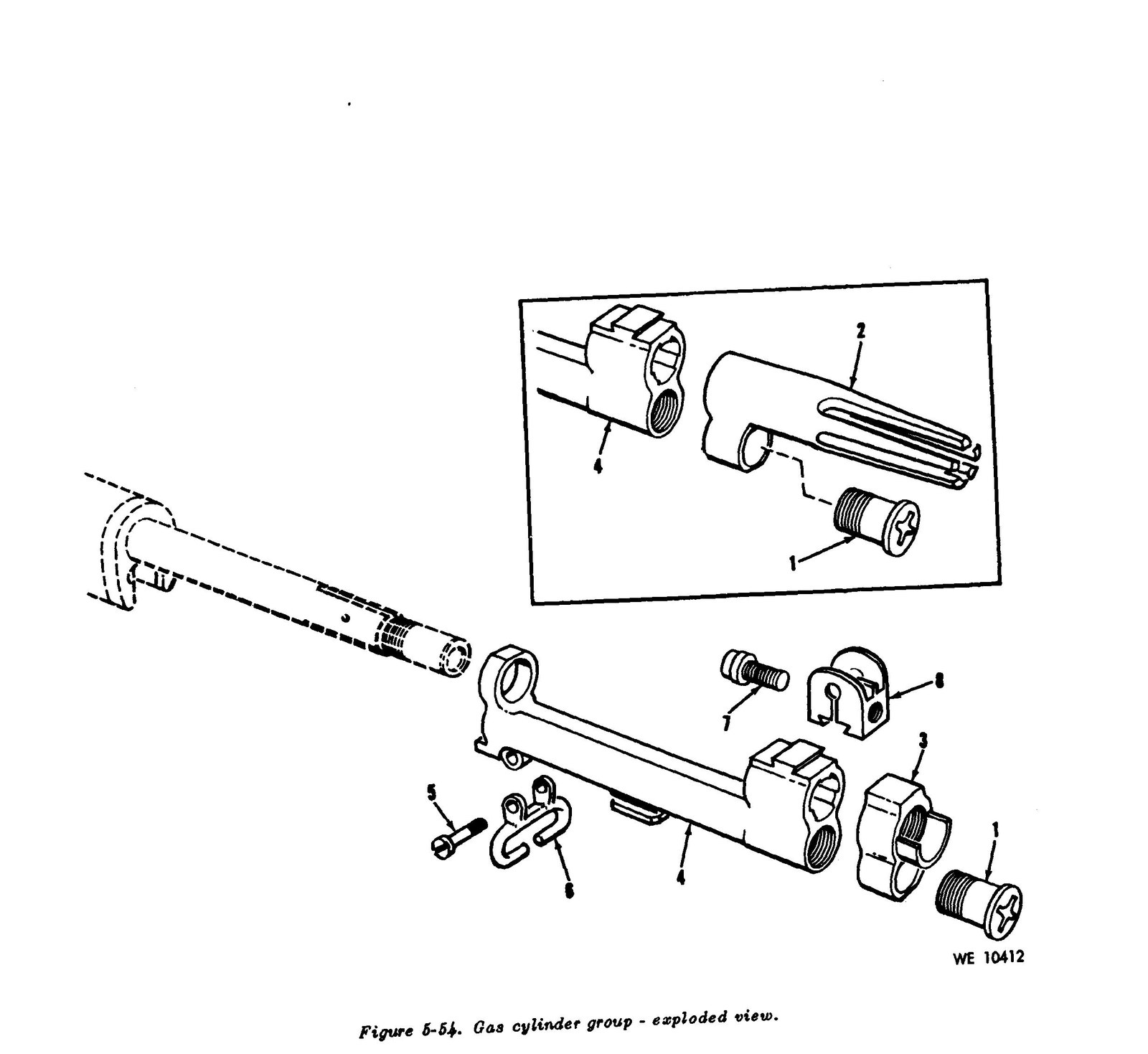 Figure 3 — The gas cylinder group, exploded: gas cylinder, lock, lock screw, front sight and its screw. — U.S. Department of the Army, TM 9-1005-222-35 (1966), Figure 5-54; public domain, via the Internet Arc…