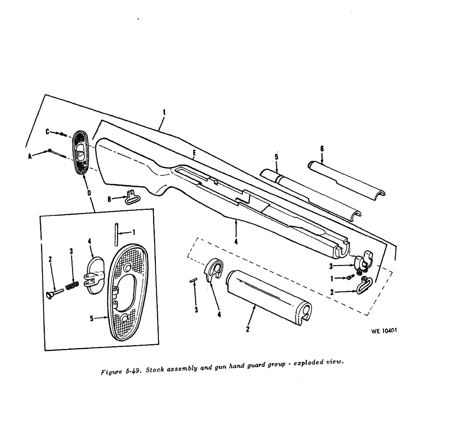Figure 3 — The stock group, exploded, including the buttplate with its trap. — U.S. Department of the Army, TM 9-1005-222-35 (1966), Figure 5-49; public domain, via the Internet Archive.