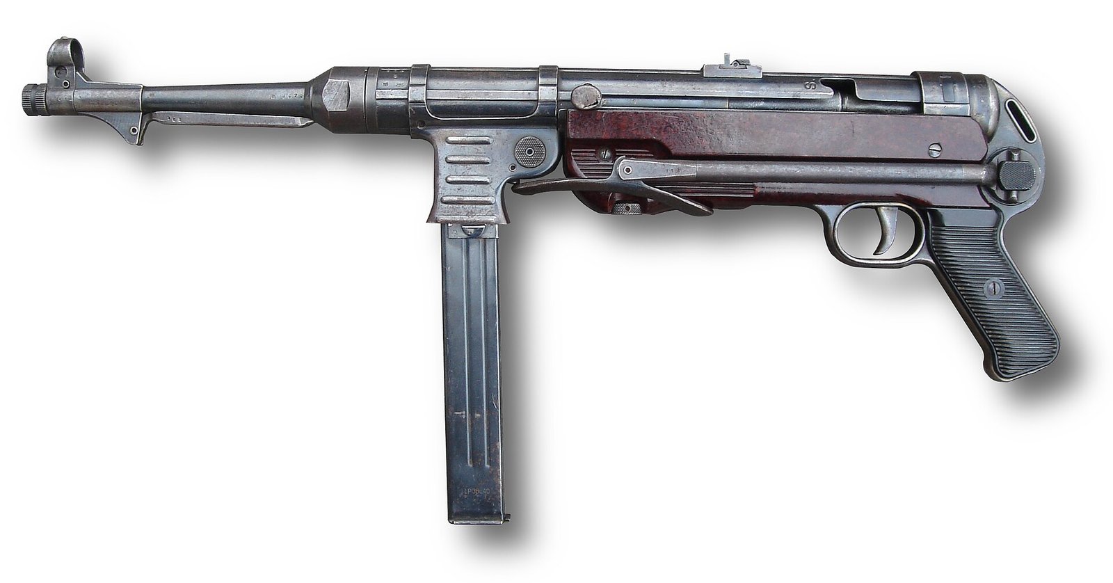 Figure 10 — An MP 40 with the stock folded beneath the receiver. This is the configuration that made the weapon worth having in a vehicle, a glider or a parachute drop, and the reason it reached the units it did.