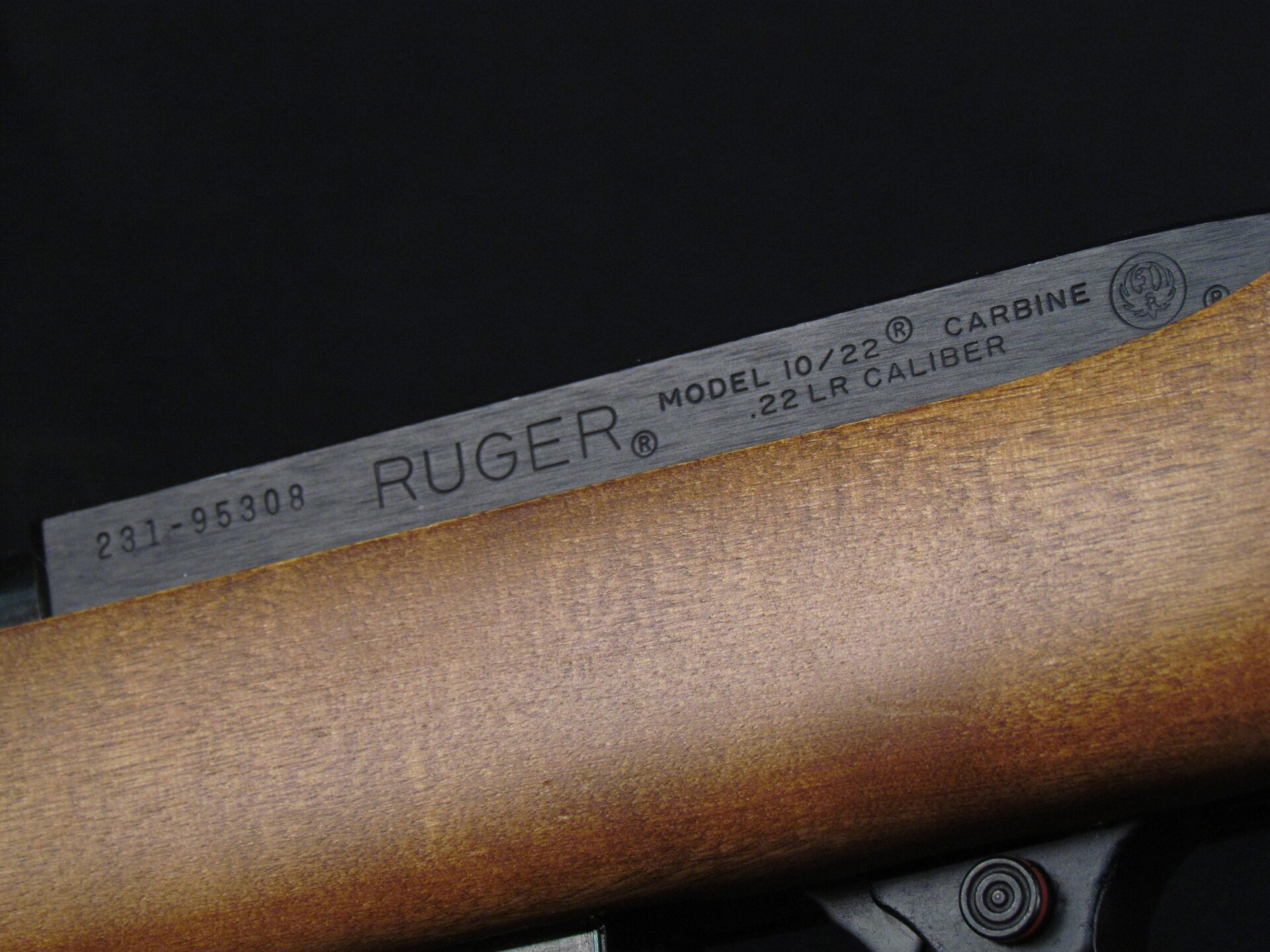 Figure 4 — The receiver of the Smithsonian's carbine: RUGER over MODEL 10/22 CARBINE .22 L.R. CALIBER, with the serial number ahead of it. The receiver is an aluminium-alloy casting, finished separately from …