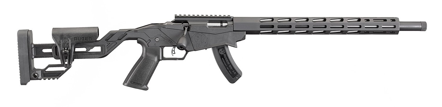 Figure 6 — The Precision Rimfire, model 8400: the one-piece moulded chassis and stock, the 15-inch M-LOK handguard, and a BX-15 magazine.