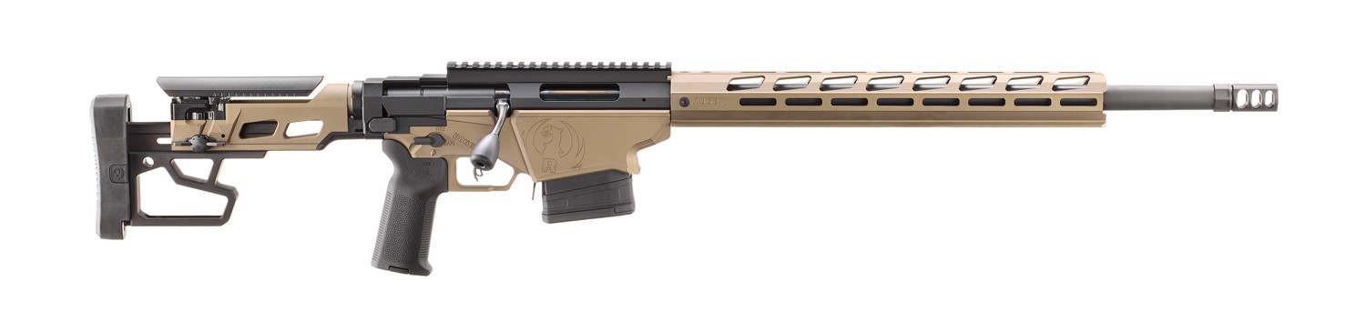 Figure 5 — The current .308, model 18104, in Smoked Bronze Cerakote: heavy-contour barrel, the newer folding stock with its adjustable cheek piece and buttpad, and a Magpul MOE-K2-XL grip.