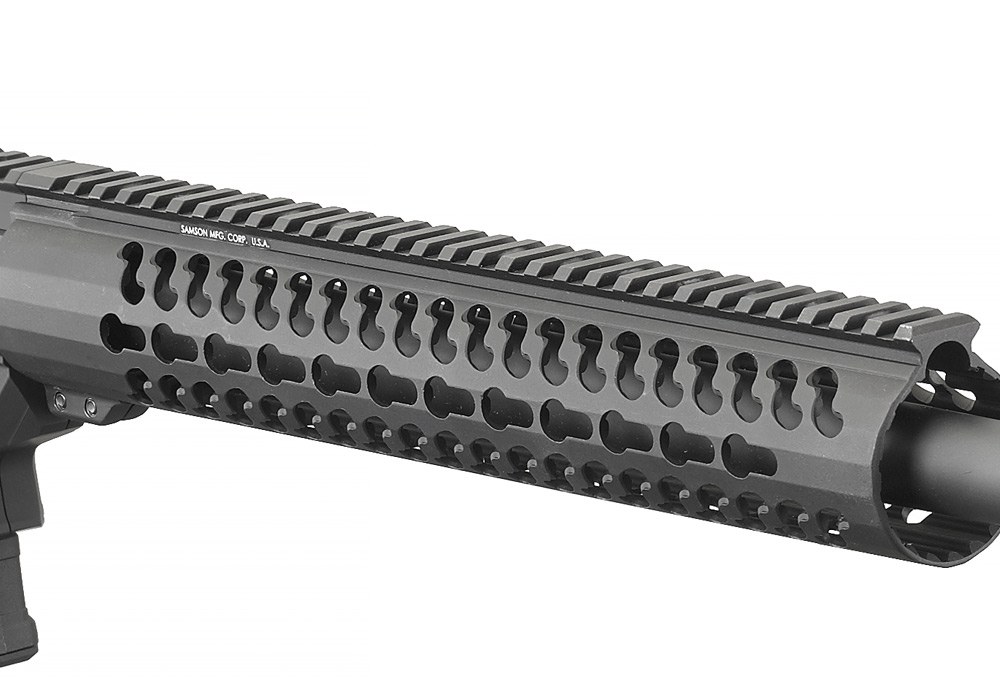 Figure 4 — The launch rifle's Samson Evolution KeyMod handguard, with the slotted KeyMod pattern along its sides and a Picatinny strip along its top.