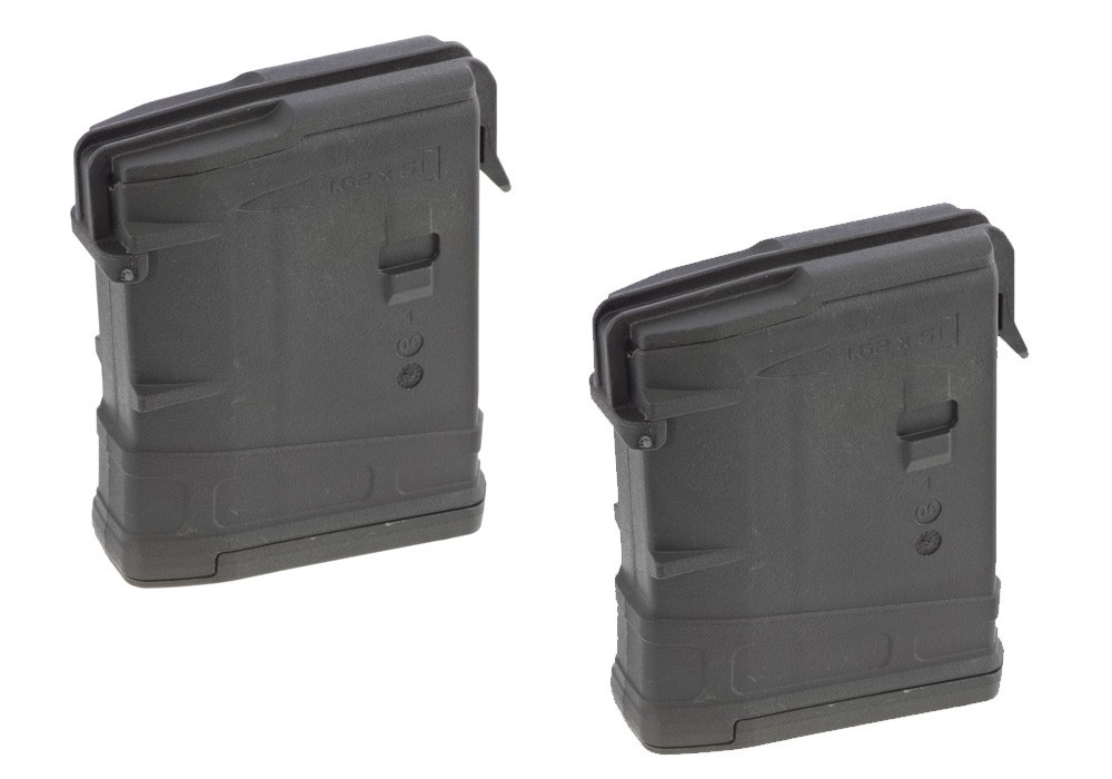 Figure 11 — Two Magpul PMAG 10 LR/SR magazines of the kind Ruger ships with the rifle — SR-25 pattern, ten rounds, marked for 7.62×51.