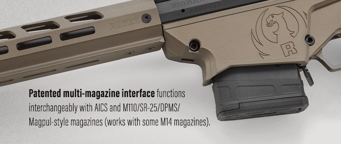 Figure 12 — Ruger's current illustration of the magazine interface on the 18104, with its own description: interchangeable with AICS and M110/SR-25/DPMS/Magpul-style magazines, and with some M14 magazines.