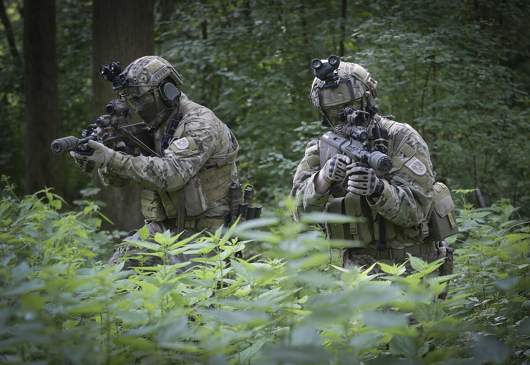 Figure 3 — Austrian special-operations soldiers (Jagdkommando) training in 2016. The rifle on the right is an AUG with a railed receiver, an optic and a suppressor; the one on the left cannot be identified at…