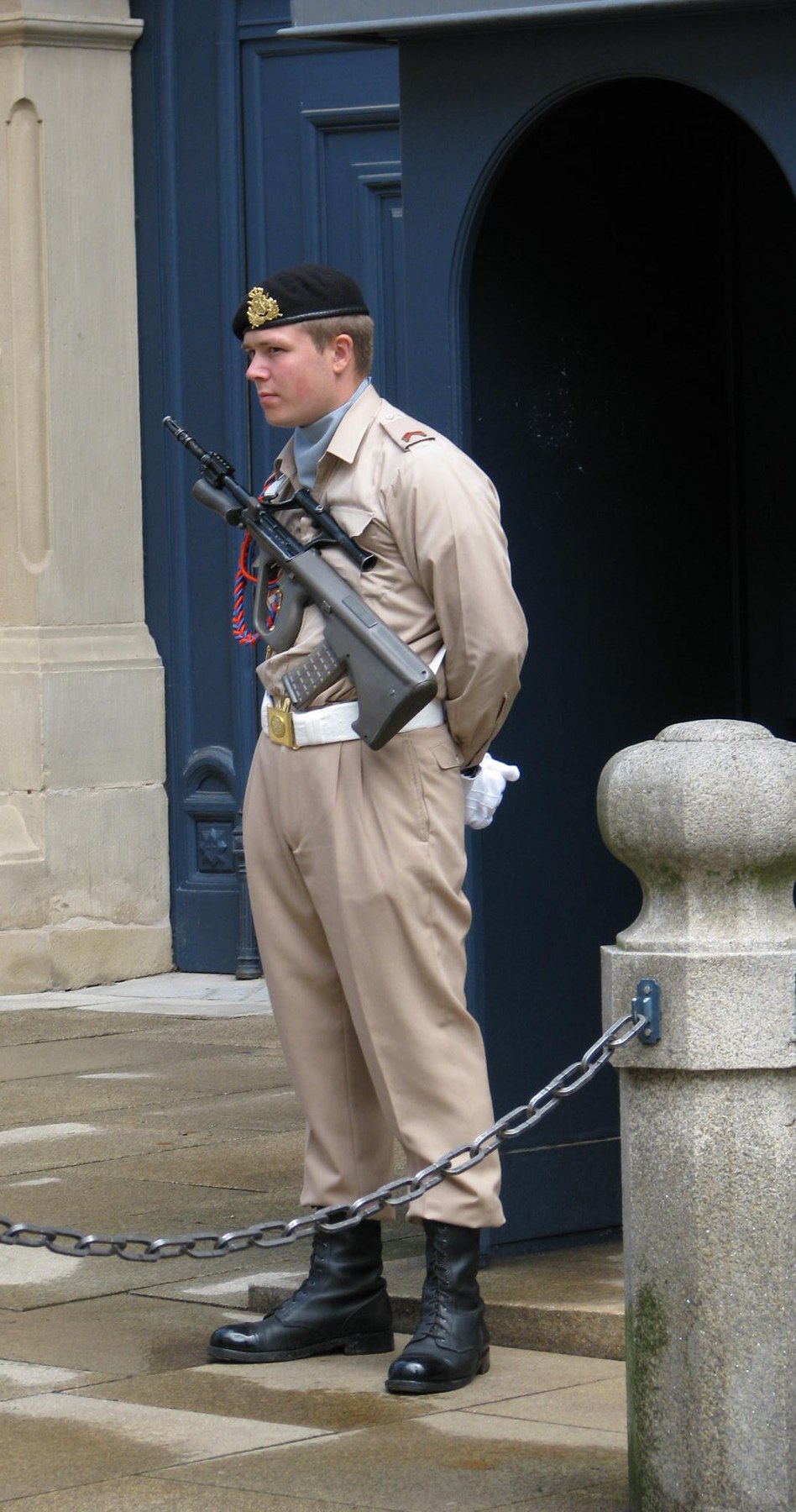 Figure 20 — A guard at the Grand Ducal Palace in Luxembourg in 2009 with an AUG. Luxembourg adopted the rifle in 1995. Photograph: Ex13, CC BY-SA 3.0.
