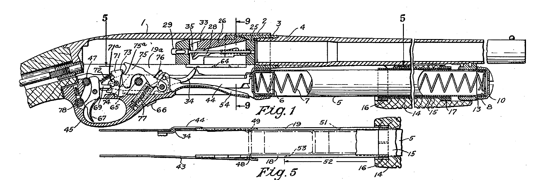 Figure 2 — Figure 1 of US Patent 2,645,873, a lengthwise section of the gun with the action closed and locked and the hammer cocked, drawn with the muzzle to the right. Below it, Figure 5 shows the two action…