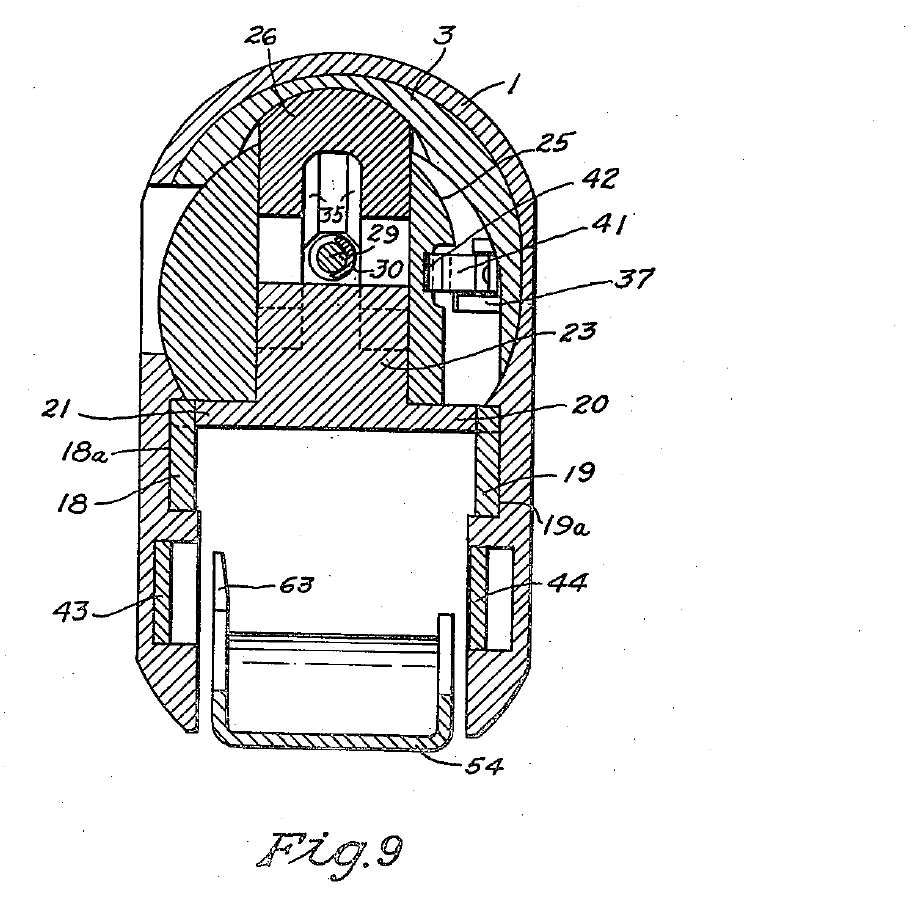 Figure 3 — Figure 9 of US Patent 2,645,873, a cross-section through the receiver, bolt and locking block. The two action bars (18 and 19) ride in guide tracks in the receiver walls and engage ribs (20 and 21)…