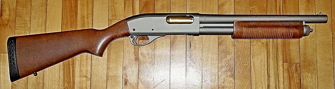 Figure 5 — A Remington 870 Police Magnum with a 14-inch barrel and a custom gunmetal Cerakote finish. A 14-inch barrel on a shotgun with a shoulder stock is a short-barrelled shotgun under federal and Michiga…