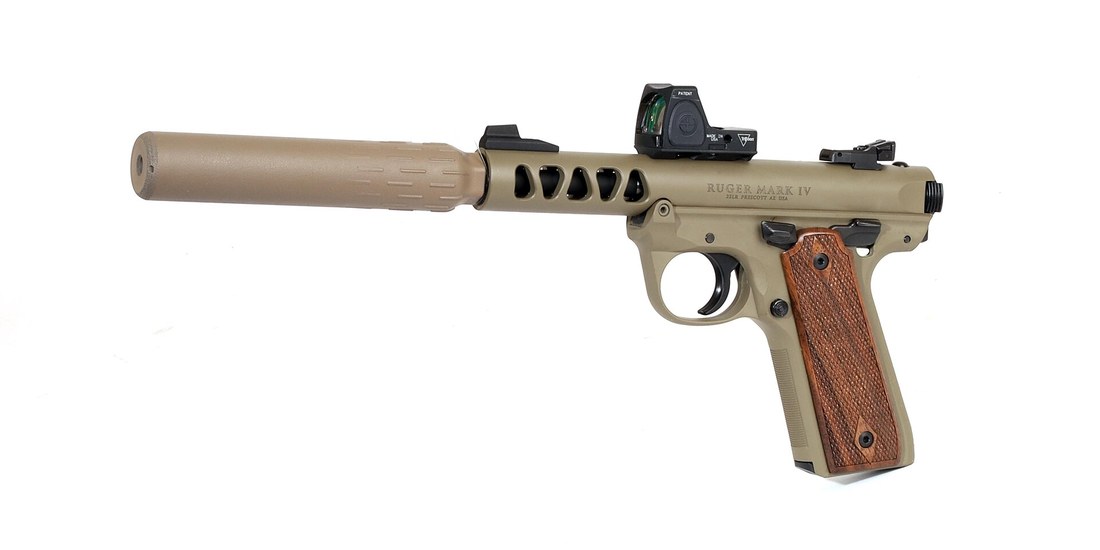 Figure 3 — A suppressed .22 pistol — here a Ruger Mark IV 22/45 Lite with a can and a red dot. The short barrel is why a suppressed .22 handgun is quiet on almost any ammunition (it cannot reach supersonic ve…
