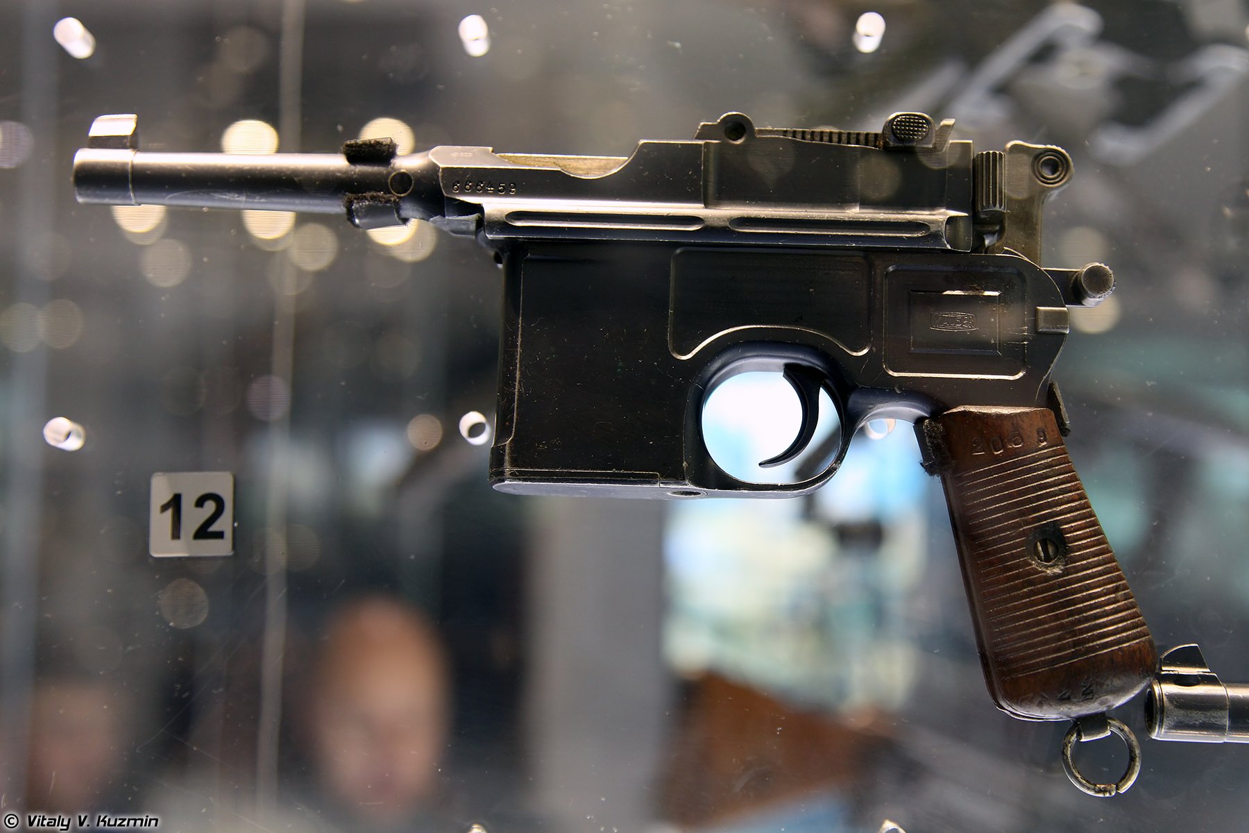 Figure 3.2 — Mauser C96 M.1920 "Bolo" (post-WWI commercial short-barrel variant), on display at the Tula State Arms Museum, Russia. The shortened 3.9″ barrel and smaller grip frame were produced fo…