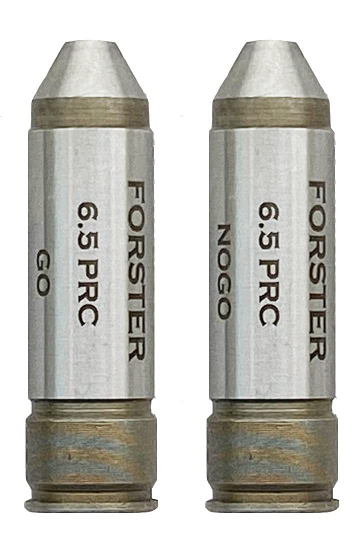 Figure 2 — A matched pair of Forster headspace gauges for the 6.5 PRC, one stamped GO and one stamped NOGO. What those two words mean is the maker's decision, not SAAMI's. Source: retail product photograph.