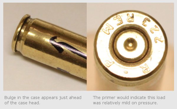 Figure 3 — Case-head diagnostics: a bulge just ahead of the case head with a probe alongside it, and a .223 case head. The original's second caption reads on pressure rather than on headspace; what is visible…