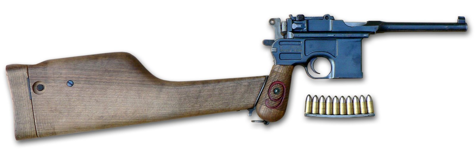 Figure 3.1 — A WWI "Red 9" C96 (M1916) in 9×19 mm Parabellum — the unit-carved, red-painted "9" on the grip warned troops not to load 7.63 Mauser. This is the historical evidence that 9×19 runs in …