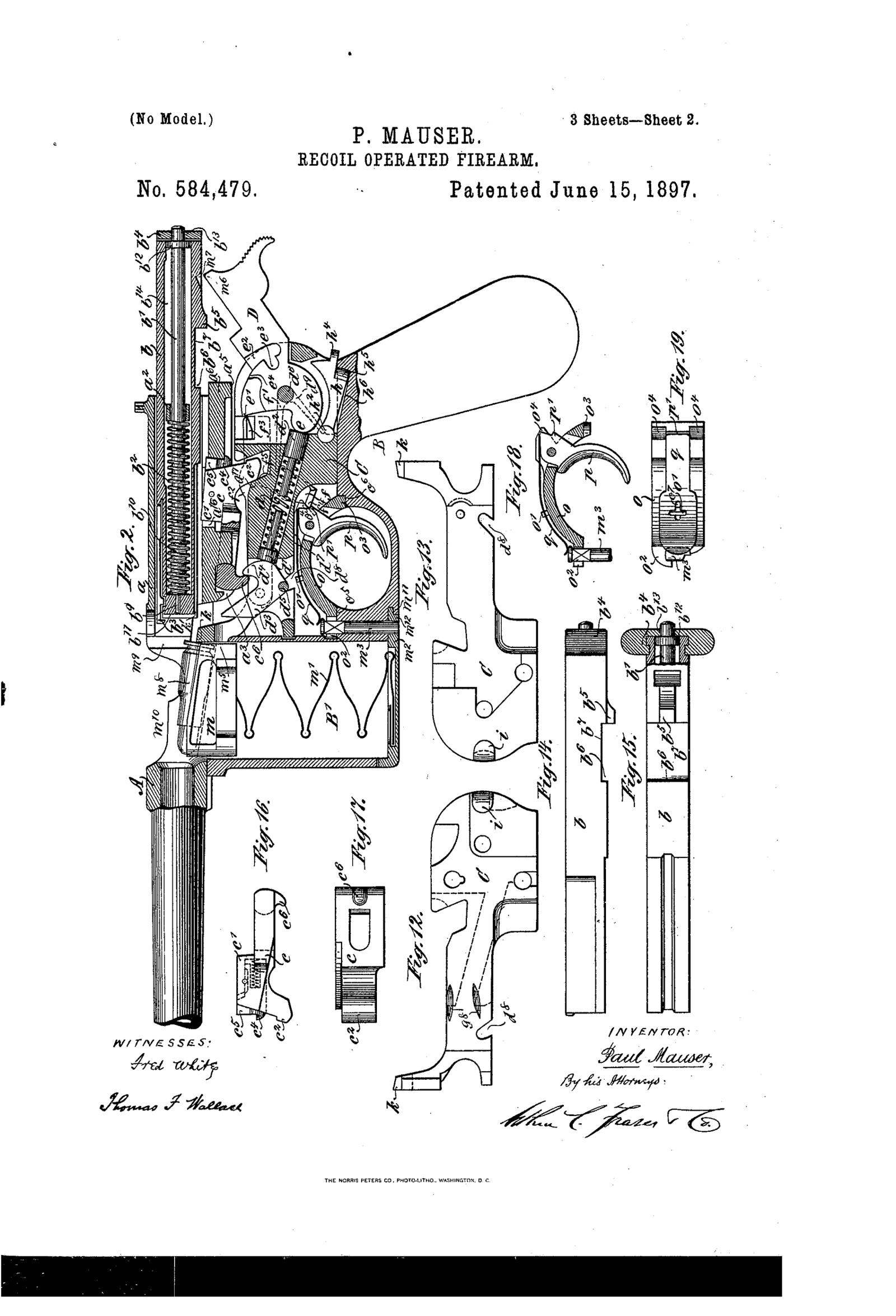 Figure 6.1 — Sheet 2 of US Patent 584,479: further sections of the lock and magazine. With Sheet 1 (Fig 2.1) and Sheet 3 (Fig 2.2) this is the complete public-domain geometry of the locking block, …